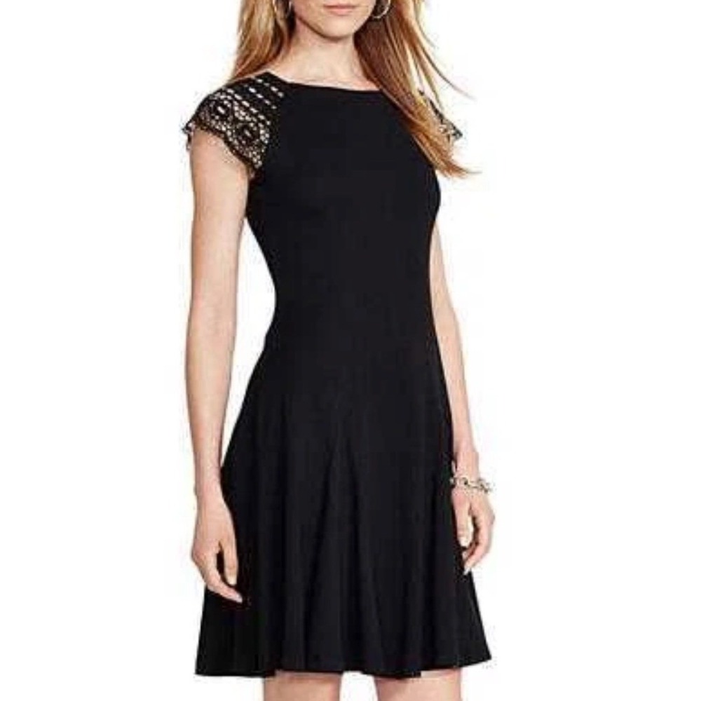 Lauren Ralph Lauren Black Crochet Lace Sleeve Fit and Flare Cotton Dress Medium